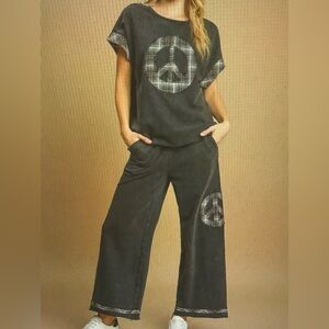 261.Women's Washed French Terry Peace Top and Wide Leg Pants Set